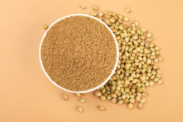 Indian spices, Coriander Powder or Dhaniya Powder with Coriander seeds ingredient for Indian cooking