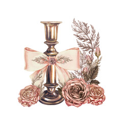 Vintage bronze candlestick with beige bow, decorated with pink and brown roses with a heart in a palette of mocha mousse. Watercolor template for wedding, Valentine's, table setting