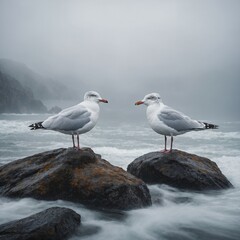 Fototapeta premium Two snowy gulls standing on a rock surrounded by white mist.