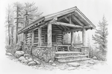 Fototapeta premium A detailed sketch of a rustic log cabin nestled among tall trees, illustrating serene wilderness living.