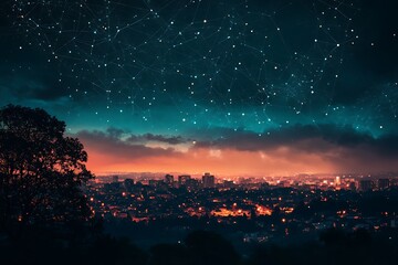 Fototapeta premium smart city under a night sky, glowing in vibrant hues with digital connection lines 