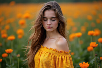 A young woman meditates amidst a field of orange flowers