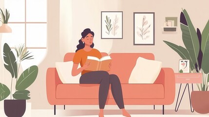 Woman relaxing in a cozy living room with a book, promoting a wellness or lifestyle brand