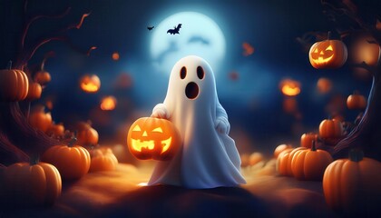 A whimsical ghost holds a carved pumpkin amid glowing jack-o'-lanterns under a moonlit sky, creating a playful Halloween atmosphere.