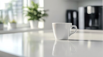 Close-up of a coffee cup and laptop on a clean desk, ideal for productivity, business, or work-from-home ads