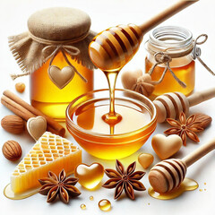 A cup of golden honey with honey stick, honey jar, cloves, almonds, honeycombs, hearts on white background.