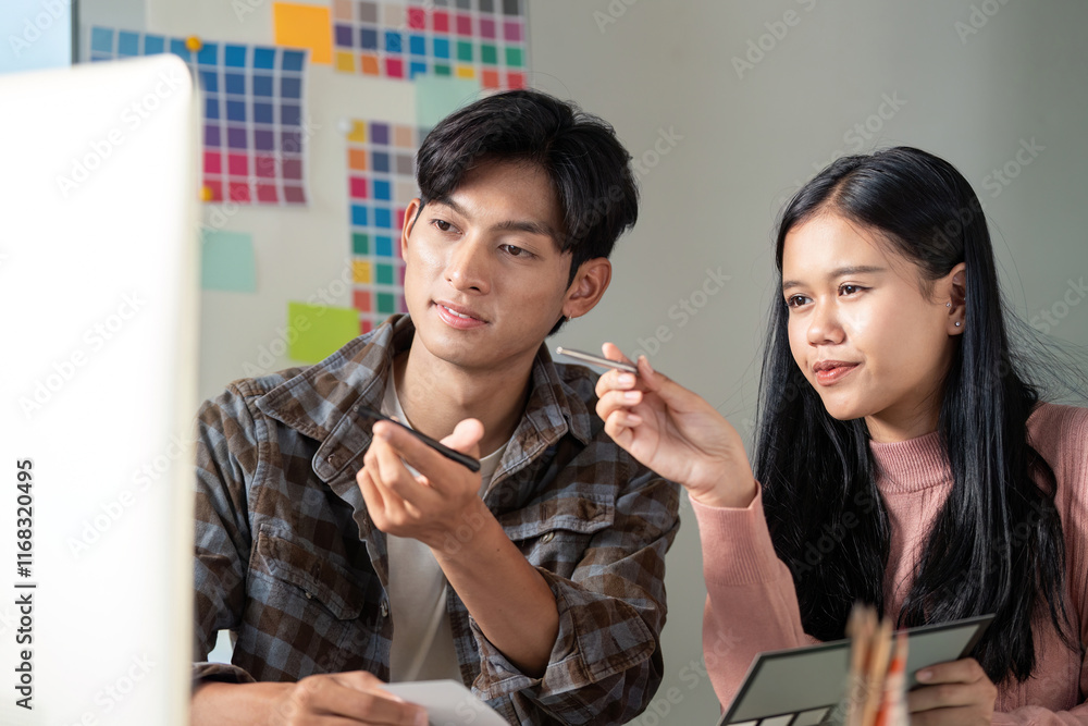 Poster creative team graphics design collaboration in modern workspace engaging visual content development