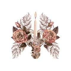 Vintage candlesticks, candles with a burning flame, decorated with pink and brown roses with a heart in a delicate palette of mocha mousse. Watercolor template for wedding, Valentine's