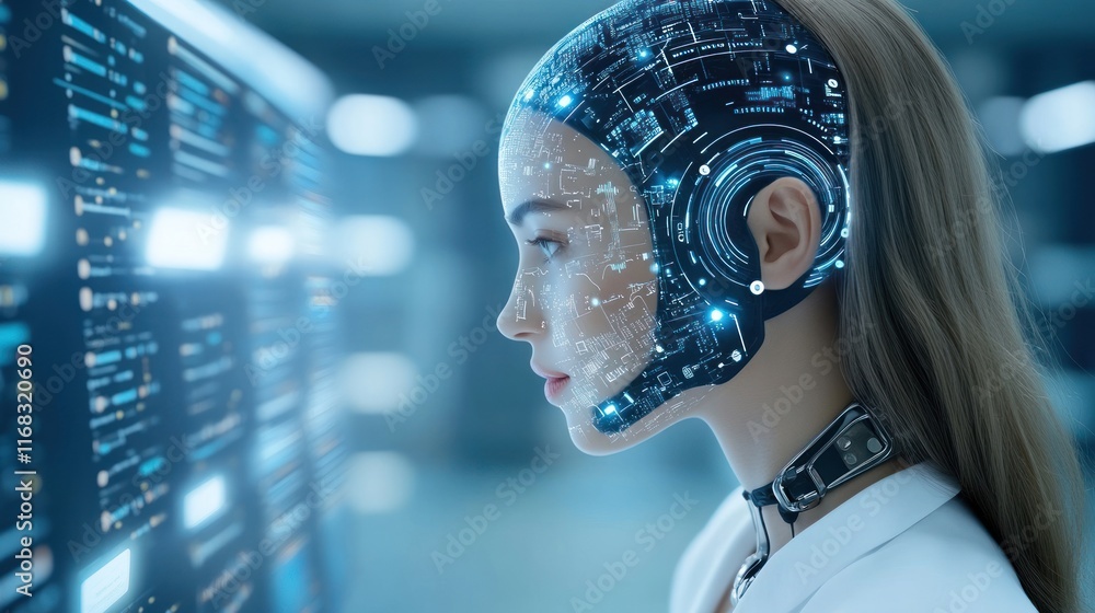 Poster futuristic humanoid robot interacting with digital interface.