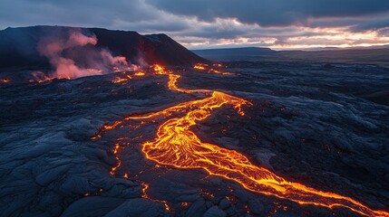 Fototapeta premium Molten Lava Flowing Down Volcanic Mountainside At Sunset