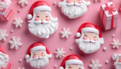 Fototapeta premium Festive holiday-themed image featuring cheerful Santa Claus faces, snowflakes, and wrapped gifts against a pink background.