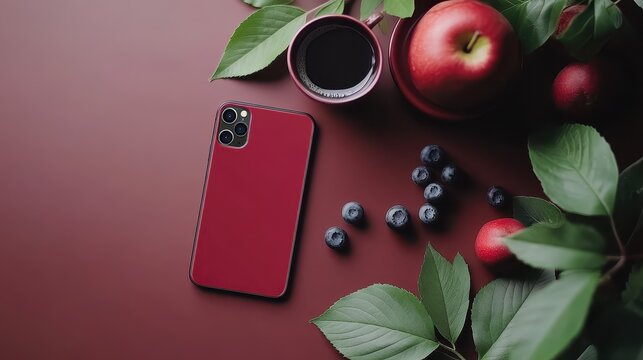 Flat lay of a healthy desk setup with a laptop, phone, and plant, ideal for productivity or remote work ads