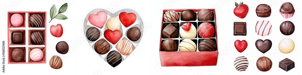 Poster valentine affection concept. assorted chocolates in heart shapes and elegant boxes for gifting.