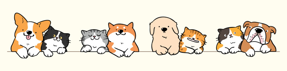 Vector Illustration of Cartoon Dog and Cat Couples on Isolated Background. Hand Drawn Vector Illustration.