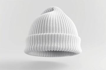 White ribbed knit beanie hat, isolated on white background. (3)