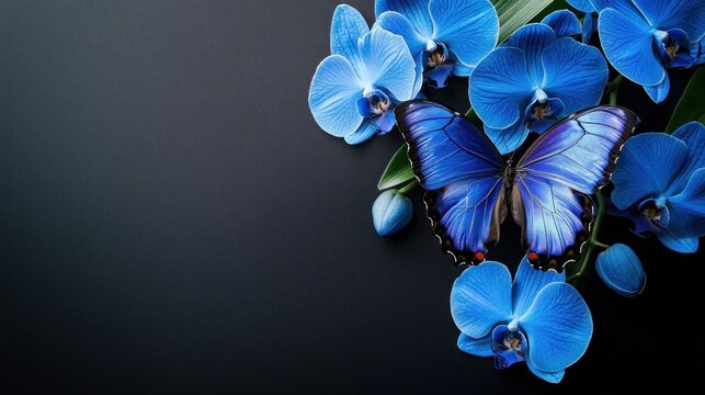 Blue Morpho Butterfly Amongst Blue Orchids