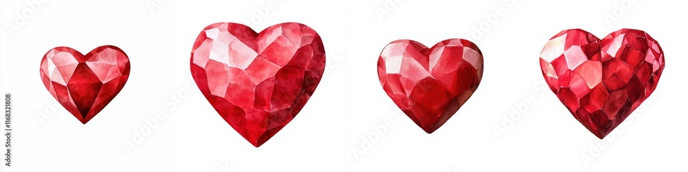 Poster valentine affection concept. shiny red gemstone hearts in various sizes arranged in a row.