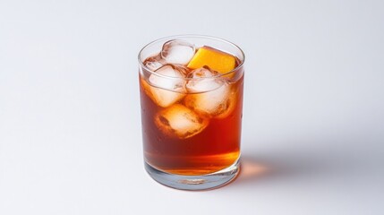 A glass of iced beverage with orange slice and ice cubes.