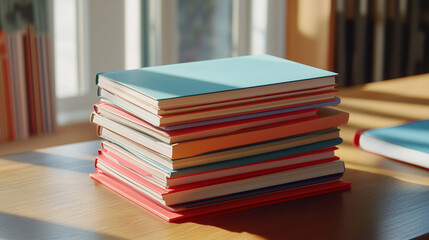 Stack of colorful school books on wooden desk in natural light