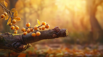 Obraz premium Vibrant autumn berries on branch with warm sunlight in background