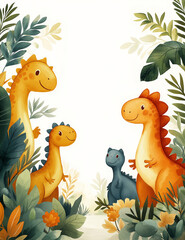 Fototapeta premium Dinosaur Family Portrait: A charming and whimsical illustration featuring a family of dinosaurs surrounded by lush foliage, perfect for children's books, nursery decor, and educational materials. 