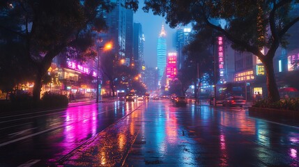 Obraz premium modern city view under vibrant neon glow, showcasing digital elements 