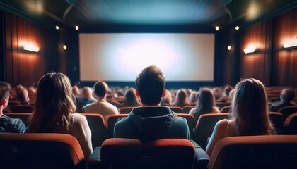 A group of people watching a movie in a theater, illuminated by the screen, highlighting the shared experience of cinema.