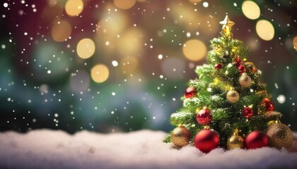 A festive Christmas tree adorned with colorful ornaments glimmers in a snowy setting, capturing the warm spirit of the holiday season.
