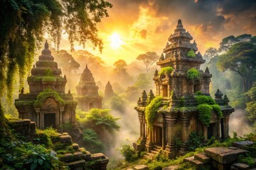 Ancient Temple Ruins, Bokeh Background, Lost City, Mystical Atmosphere,  Whispers of the Past Stock Photo