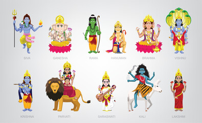 Hindu God Goddess Deity Characters Cute Cartoon Set