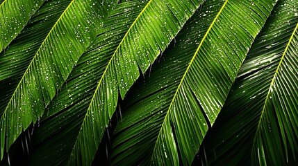 Lush green palm fronds with raindrops.