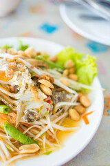 Papaya salad with fresh blue crab. Healthy organic fresh seafood true local menu natural ingredient local fisherman. Thai called Somtom Pooma. Thai food