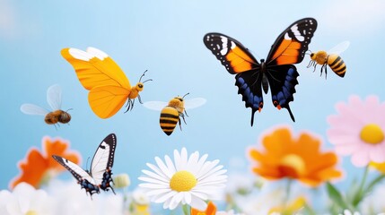 Fototapeta premium Colorful butterflies and bees flying over vibrant flowers.