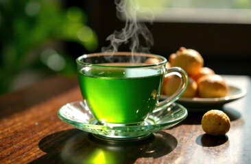 Steaming green tea in glass cup on wooden table with fresh pastries