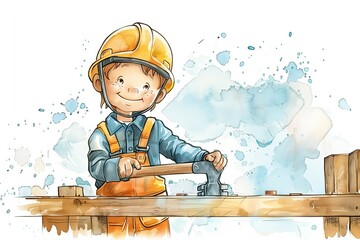 A joyful young boy in a hard hat, happily hammering on a wooden project, showcasing creativity and playfulness.