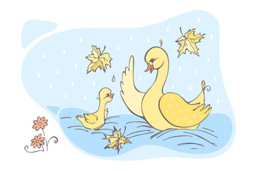 Cute card with mother duck and little duckling