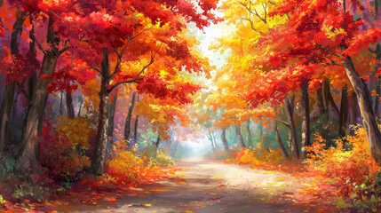Naklejka premium vibrant autumn forest path with colorful trees and warm sunlight