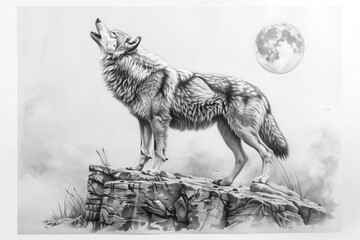A majestic wolf howling at the moon, showcasing the beauty of nature and wildlife in a captivating black-and-white style.