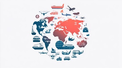 Naklejka premium There is a globe in the center, the surface of which clearly depicts a world map. The globe is surrounded by various interconnected transportation symbols