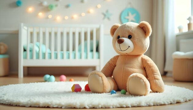 The image shows a baby's room with a white crib in the background. On the floor, there is a white furry rug with a teddy bear sitting on it.