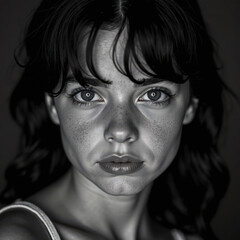 Fototapeta premium Intense gaze of young caucasian female with freckles in black and white portrait