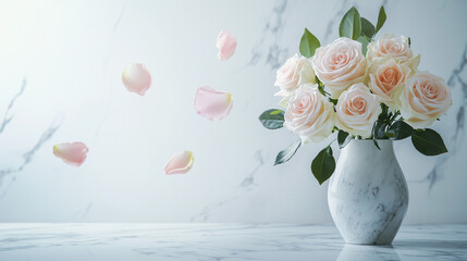 Obraz premium Romantic Moment with a Bouquet of Fresh Roses and a Falling Rose Petal on Smooth Marble