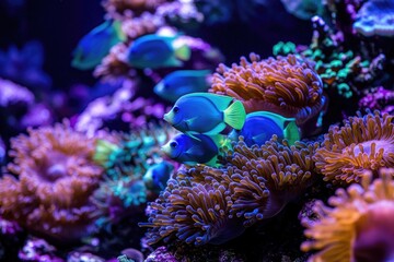 Vibrant blue fish swim amidst colorful coral reefs in a captivating underwater scene.