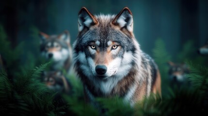 Obraz premium A pack of wolves in a misty forest setting.