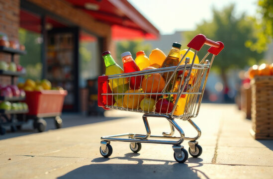 Miniature shopping cart filled with colorful beverages and fruits outdoors