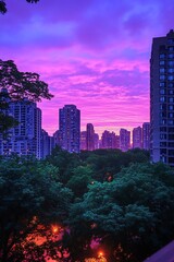 Obraz premium city sunrise with illuminated silhouettes of urban buildings and soft light 