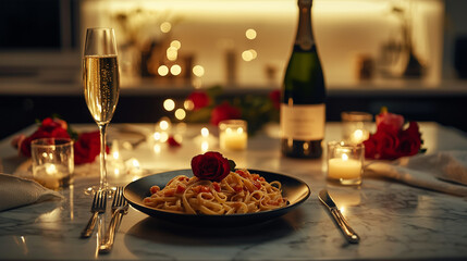 Elegant Table Setting for Two with Candles, Champagne, Gourmet Pasta, and a Single Rose on a Smooth Marble Tabletop