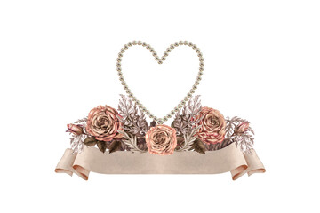 Watercolor bouquet of pink brown rose with a pearl heart, blank beige paper banner ribbon. Trendy mocha mousse palette. Botanical clipart for wedding, Valentine's Day, poster, postcard, women's card