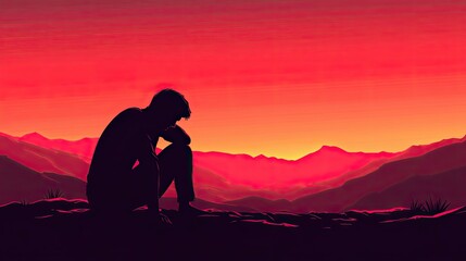 Obraz premium Solitary Figure Contemplates Sunset Over Majestic Mountains