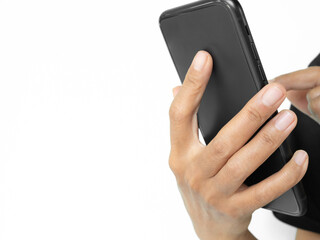 Hand woman hold phone, she cellphone screen application media Ai generated and shopping online with...